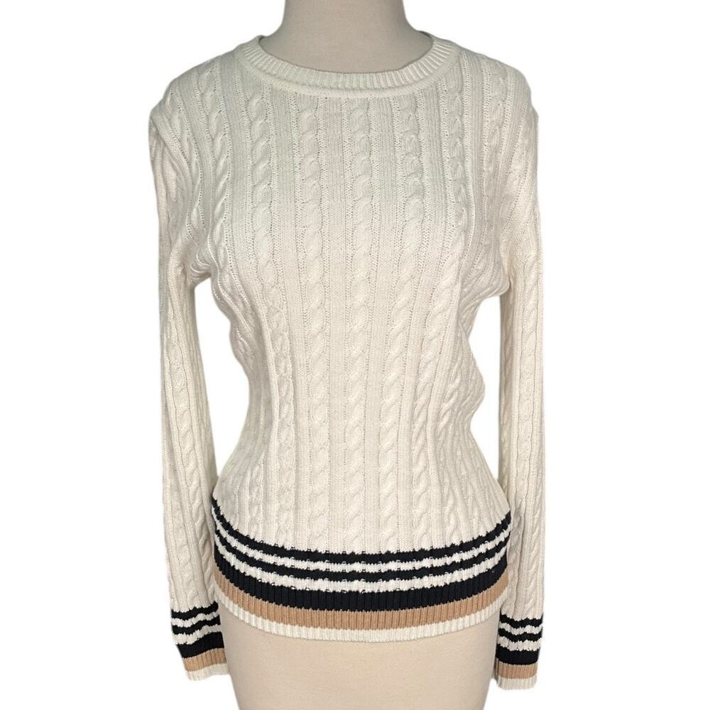 Tommy Hilfiger Small Cable Knit Sweater White Cotton Classic Preppy Old Money